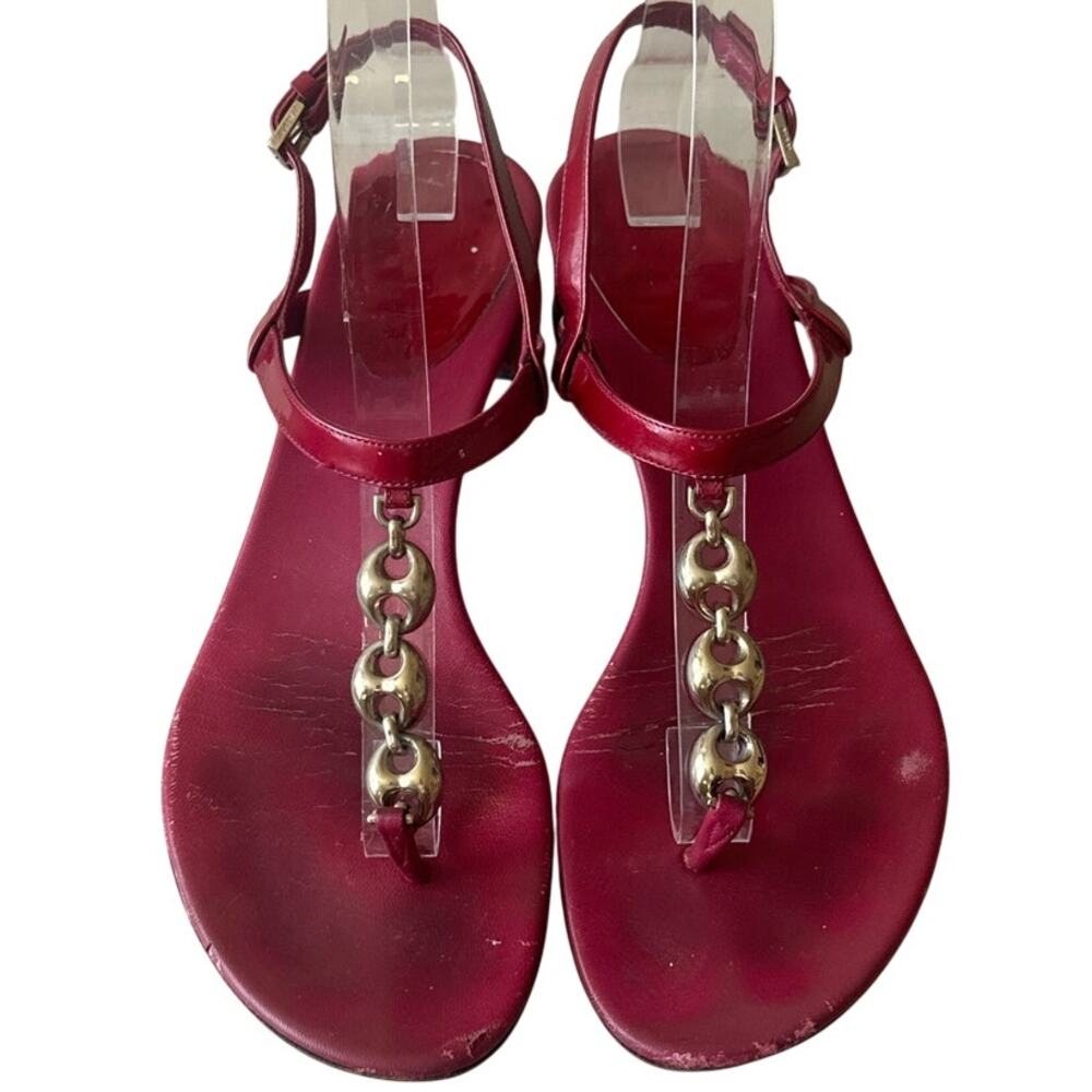 Gucci Cherry Red Patent Leather Gold Chain T-Strap Sandals 7.5 B